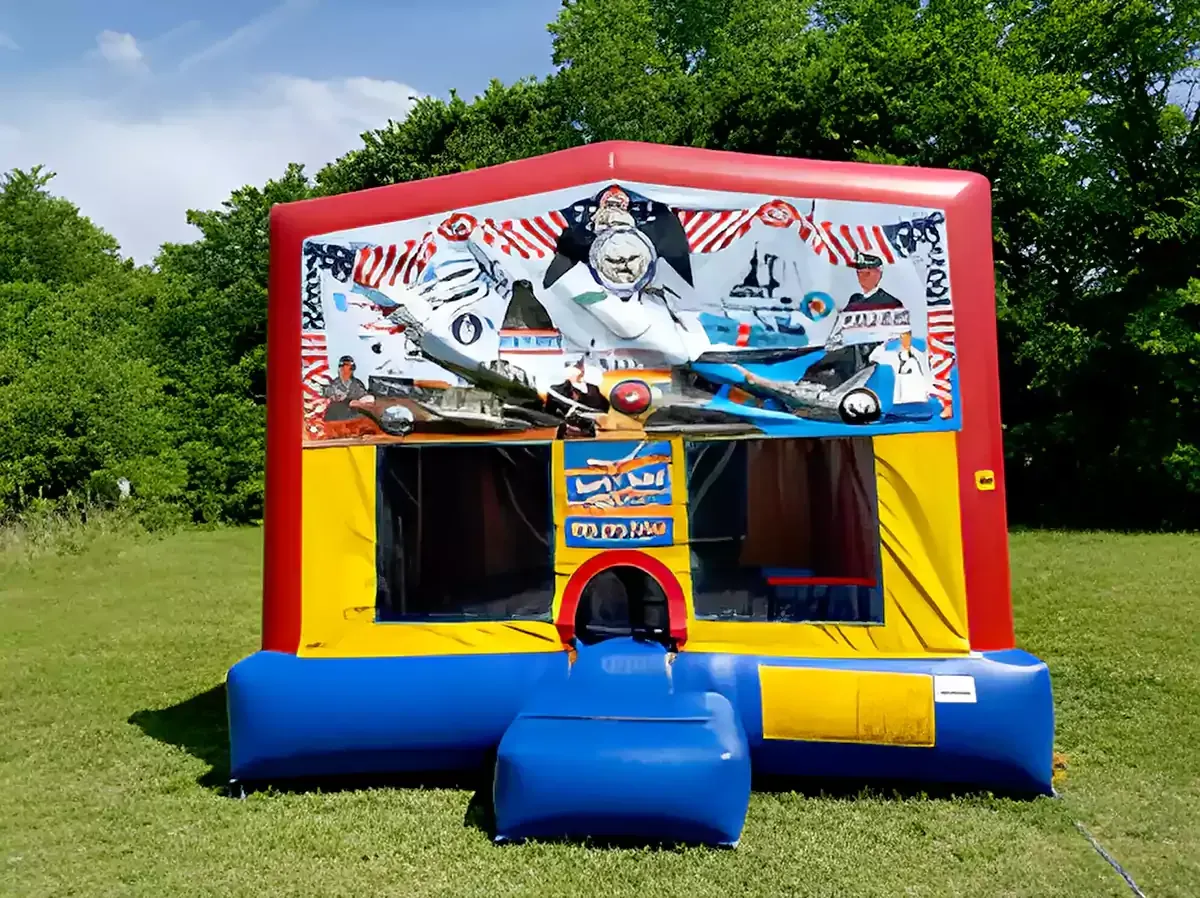 A bouncy house with a picture of airplanes on it
