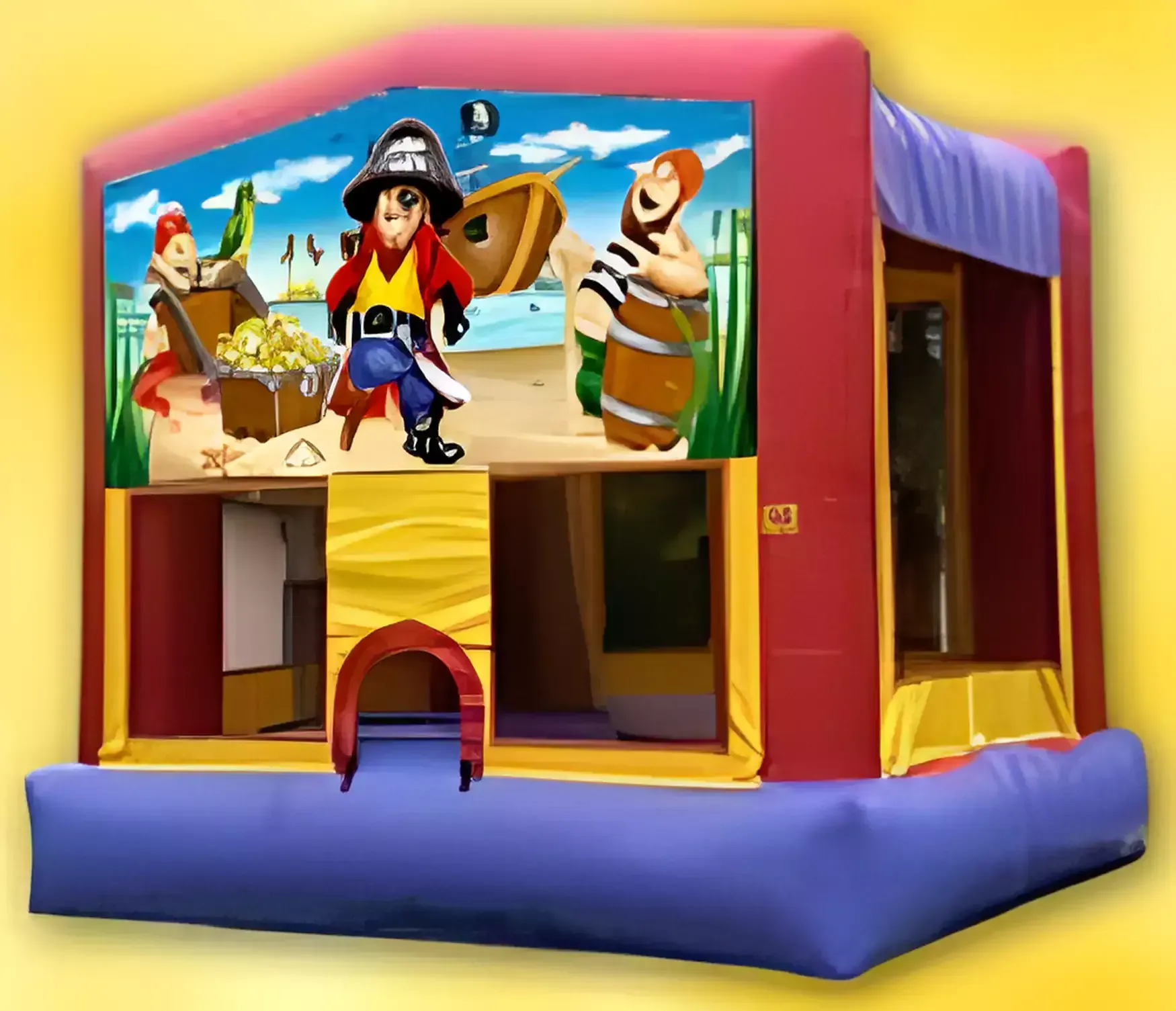 A bouncy house with a picture of pirates on it