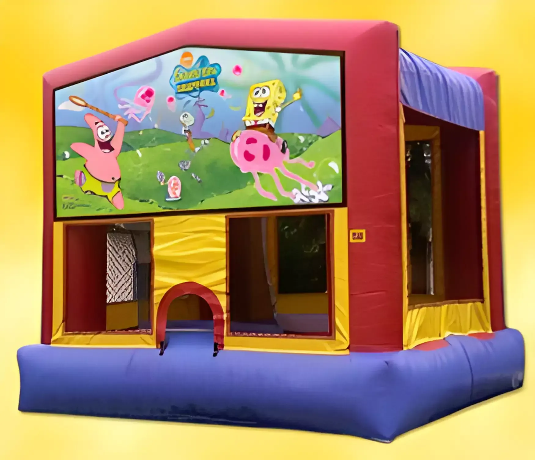 A bouncy house with spongebob and patrick on it