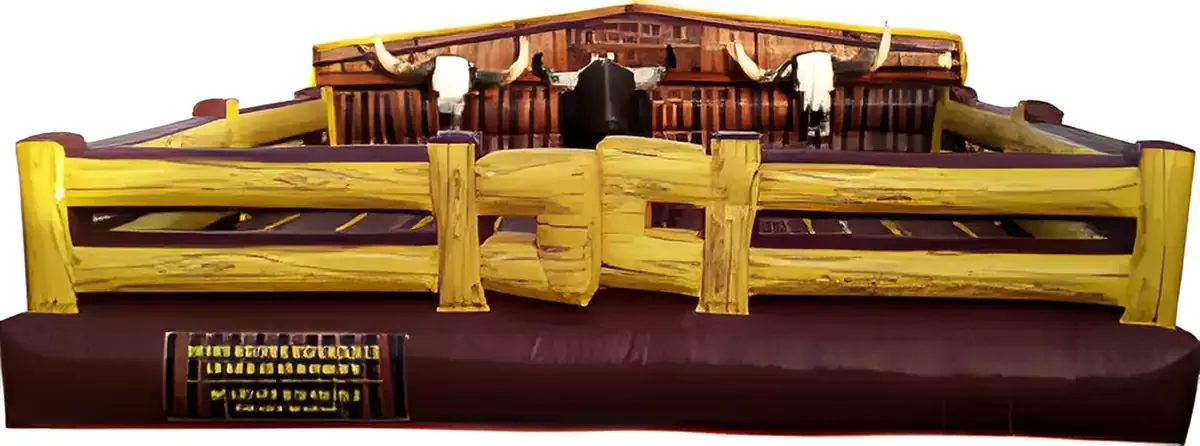 A large inflatable rodeo arena with bulls and a fence.