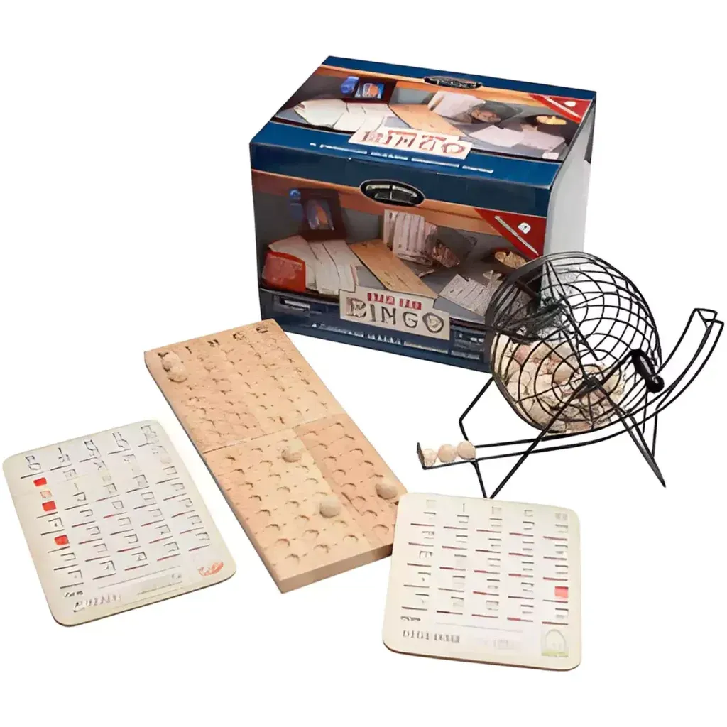 A bingo set with a wooden board and a metal cage