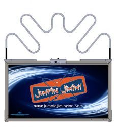 A drawing of a jumping maze with a logo on it.