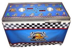 A blue box with a checkered pattern and a duck on it.