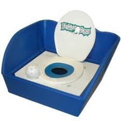 A blue box with a toilet and a ball in it.