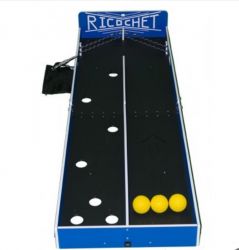 A blue and black table with three yellow balls on it.