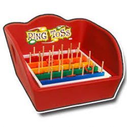 A red tray filled with colorful rings and sticks.
