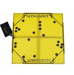 A yellow slingshot board with black dots on it.