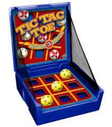 A tic tac toe game with soccer balls in a blue box.