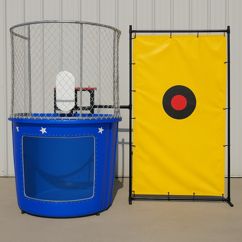 Blue dunk tank with a yellow target.