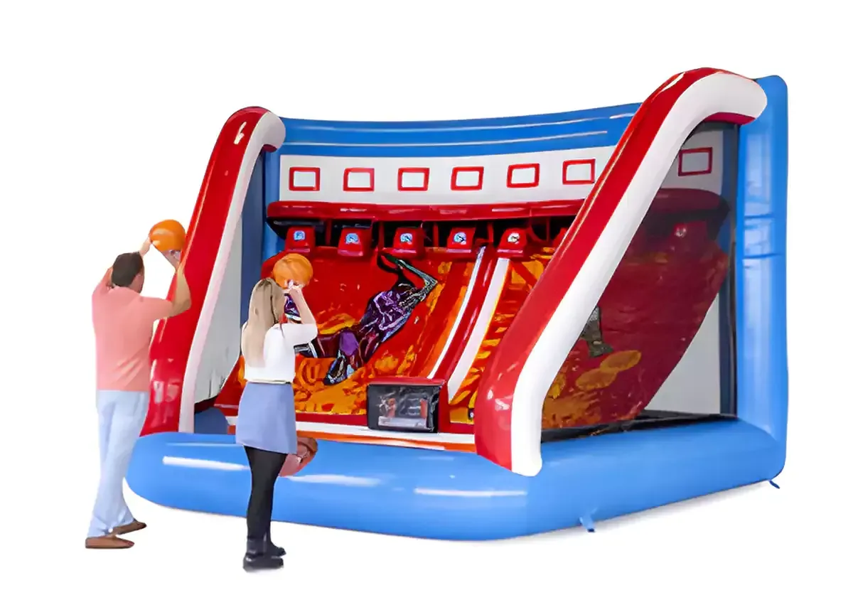 A group of children are standing in front of an inflatable water slide.