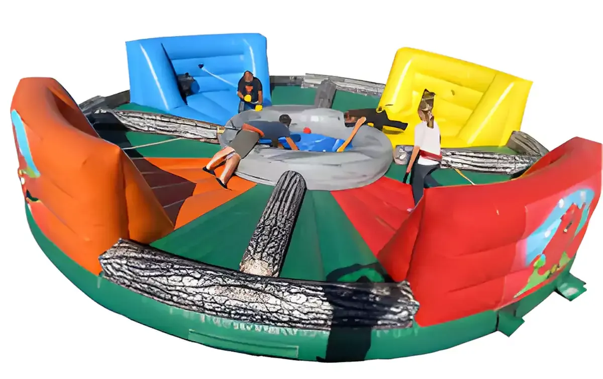A group of children are standing in front of an inflatable water slide.
