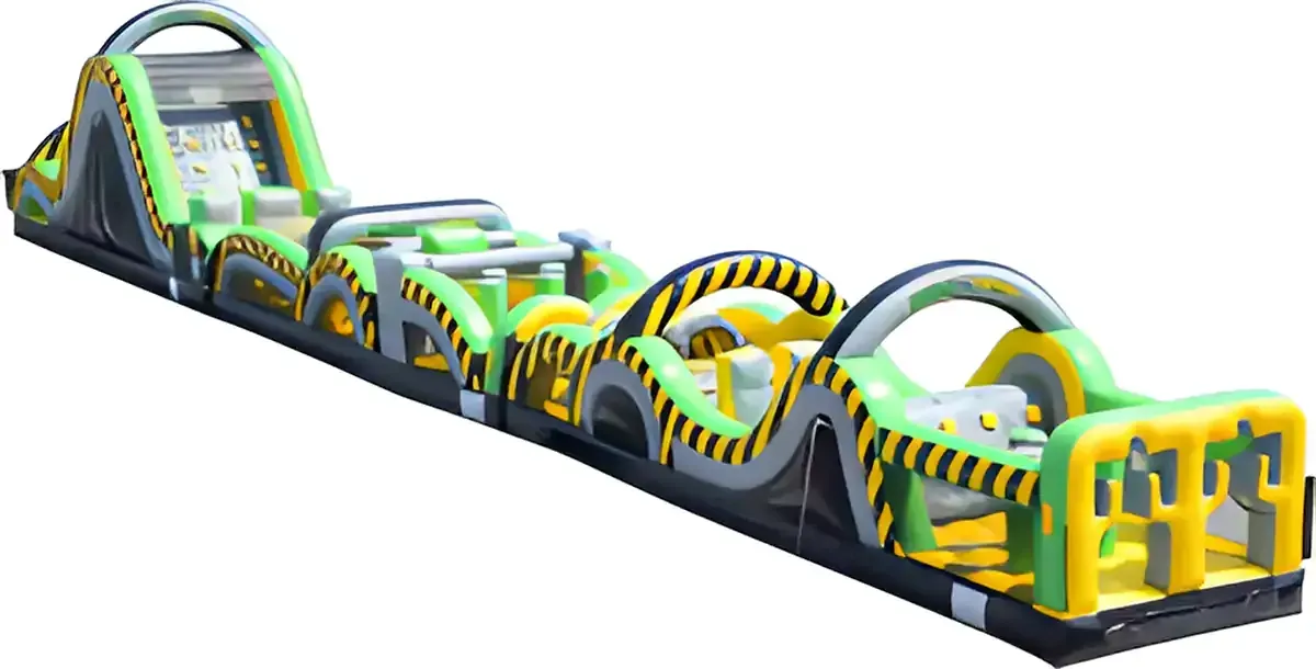 A yellow and green inflatable obstacle course on a white background.