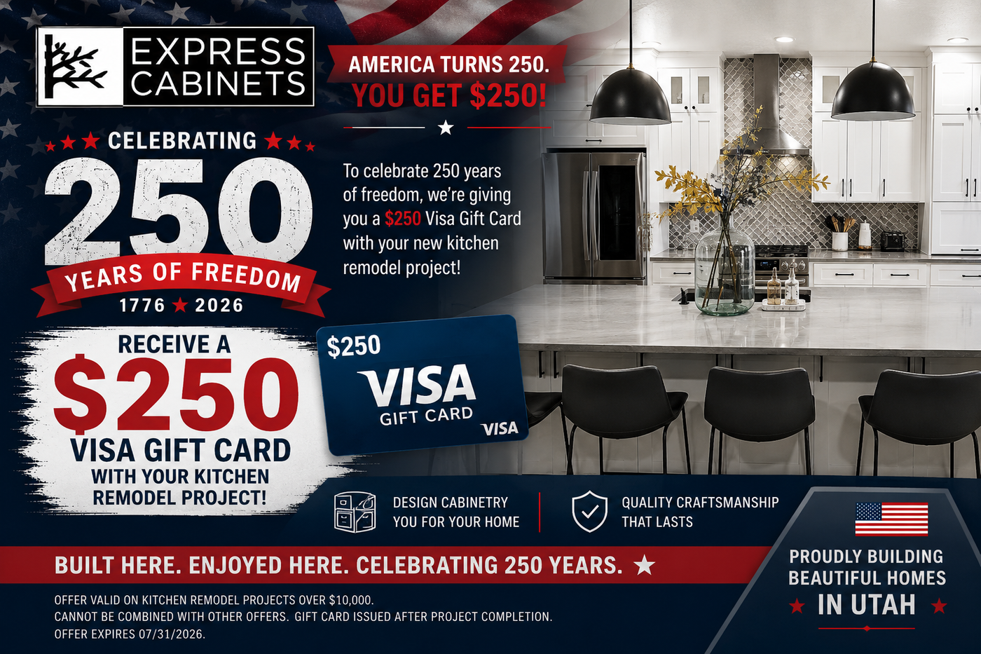 Express Cabinets 250th anniversary ad offering a $250 Visa gift card in a modern kitchen showroom