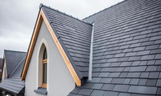 A close-up view of a grey tiled roof with a pointed dormer window and light wood trim against a cloudy sky.