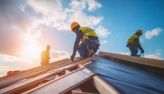 Construction workers in high-visibility gear install roofing materials on a wooden frame under a bright, sunny sky.