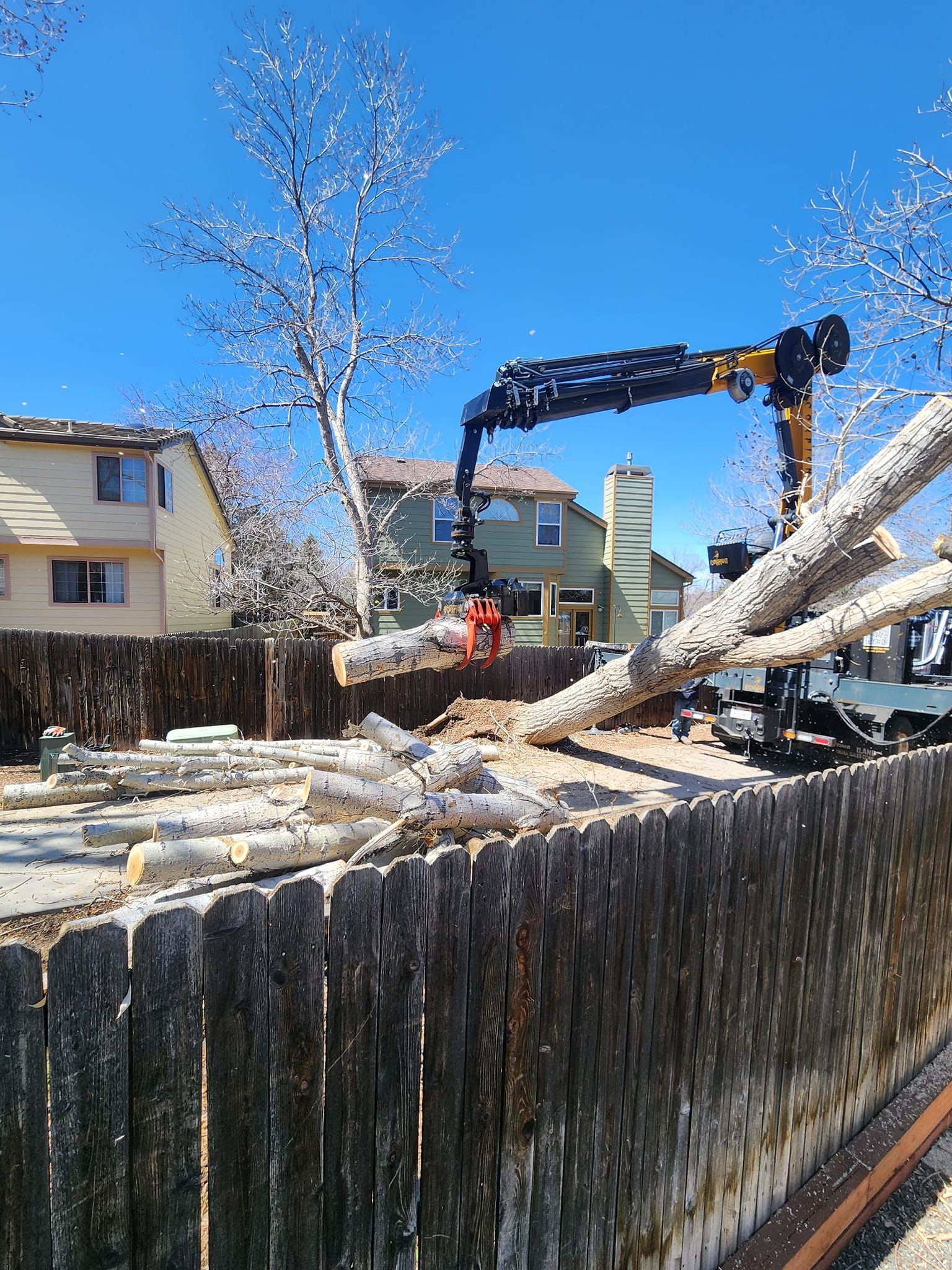 A tree being cut down in a residential area with an industrial crane and wood on a fence.