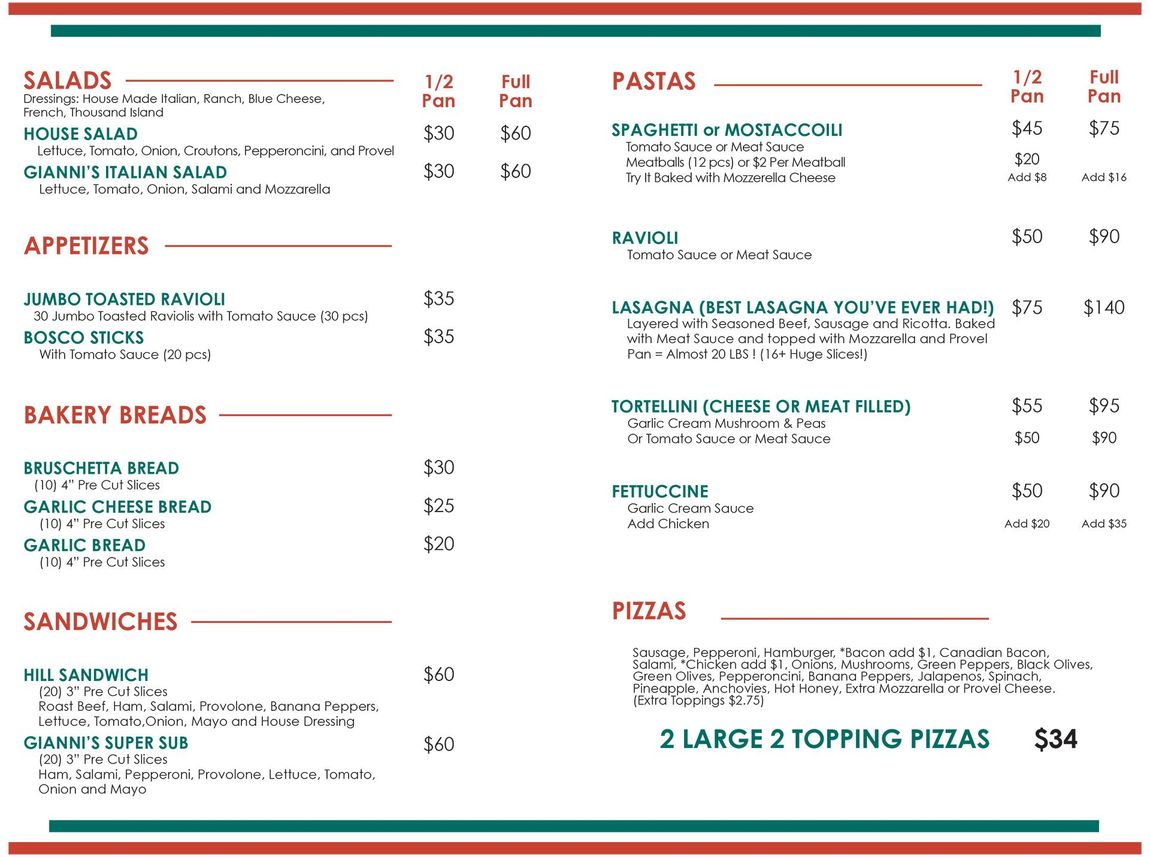 Restaurant menu page with salads, appetizers, bakery breads, sandwiches, pastas, and pizzas in red and green text.