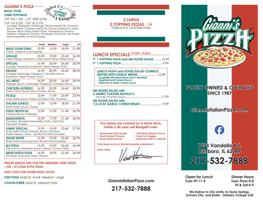Green and red menu flyer for Cinnamoni Pizza with prices, contact info, and pizza image