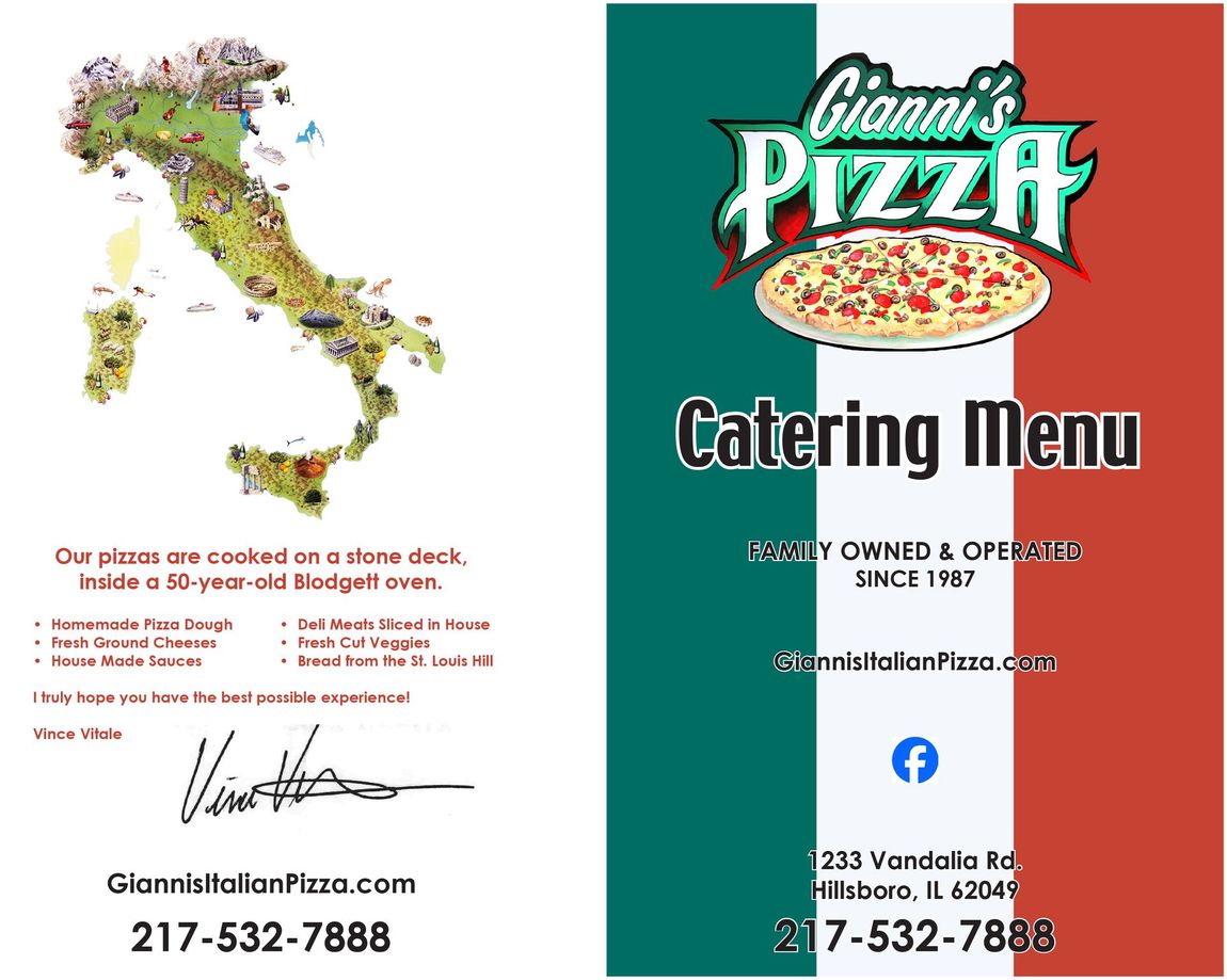 Gianni’s Pizza catering menu with Italy map, teal background, and contact info