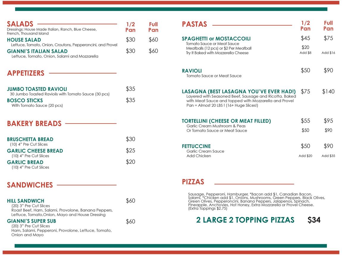 Restaurant menu page with salads, appetizers, bakery breads, sandwiches, pastas, and pizzas in red and green text.