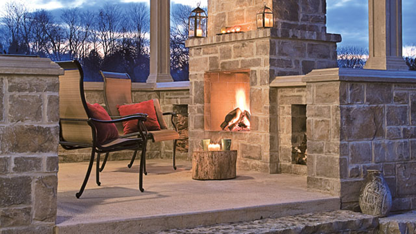 An outdoor fireplace