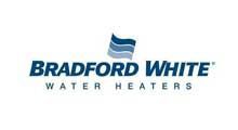 Bradford White Water Heaters logo with blue text and a flag graphic.