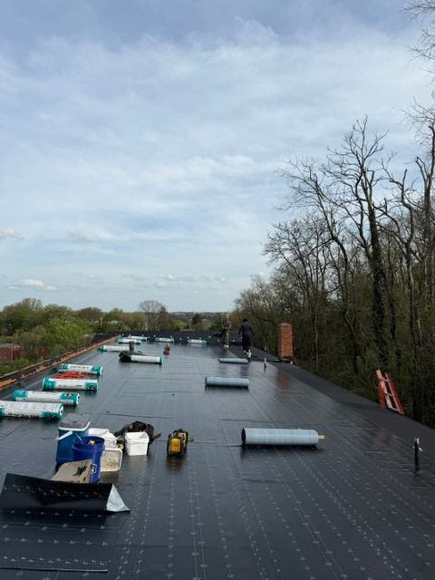 Flat rooftop with black membrane, skylights, HVAC units, and trees under a cloudy sky