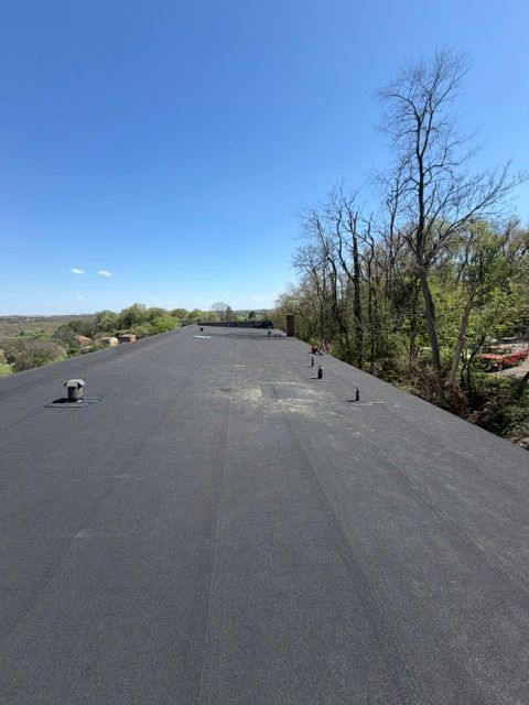Flat black rooftop with vents under a clear blue sky, trees lining the right side.