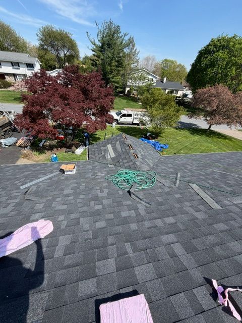 Rooftop shingles with tools and a coiled green hose, overlooking leafy suburban homes on a sunny day