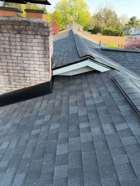 Dark gray shingled roof with brick chimney and a gable vent, viewed from above outdoors