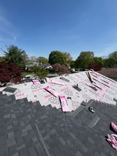 Pink and white campaign signs laid across a shingled roof under a blue sky, with trees in the background