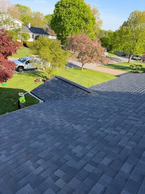 View from a shingled roof over a suburban neighborhood with trees, lawns, and parked cars on a sunny day