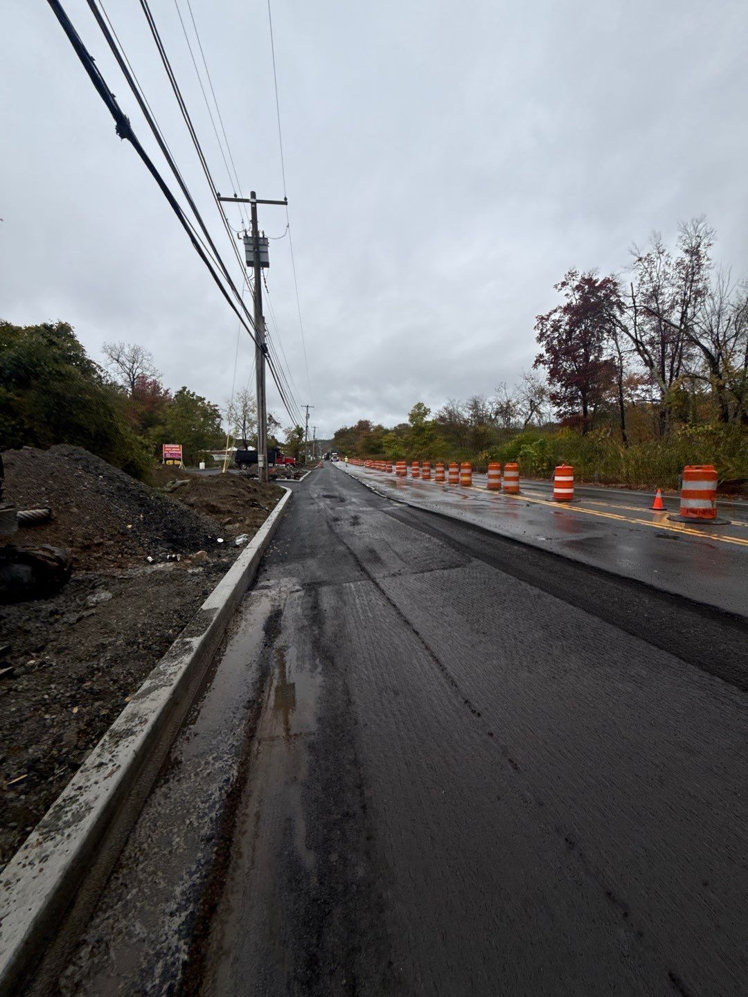 Road under construction with orange cones and power lines. Asphalt and curb on the left, trees in the background under a cloudy sky.