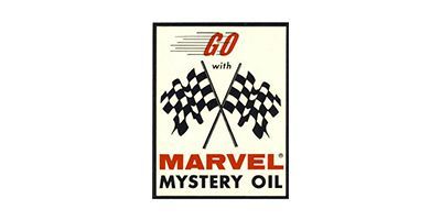Vintage Marvel Mystery Oil ad with checkered flags and red logo text on a beige background