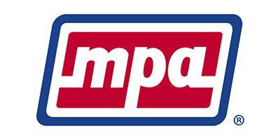 Mpa logo in white lowercase letters on a red rectangle with a blue rounded border