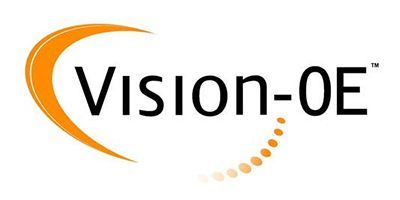 Vision-OE logo with black text and an orange swoosh and dotted arc
