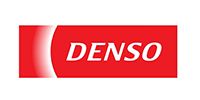 DENSO logo in white text on a red rectangular background with a white curved shape on the left