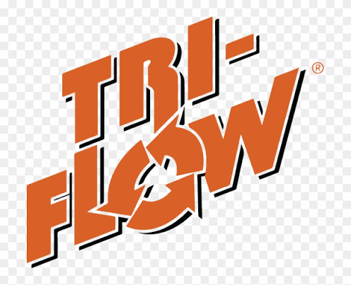 Orange “TRI-FLOW” logo with stylized text and a white droplet in the O