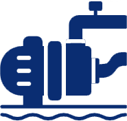 A blue icon of a water pump with a hose attached to it.