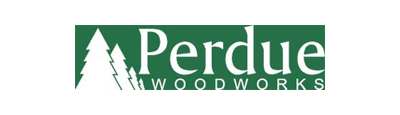 Logo for Perdue Woodworks: white pine trees on a green rectangle, the name “Perdue” above “Woodworks”.