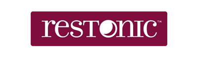 Restonic logo on a burgundy rectangle; white text with a moon graphic.