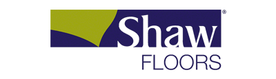 Shaw Floors logo with white text on a blue background, and a green accent.