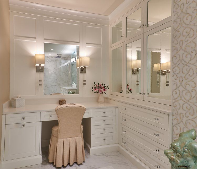 A dressing room with a desk and chair and lots of mirrors