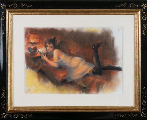 A framed painting of a woman laying on the floor