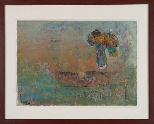 A framed painting of a vase filled with flowers.