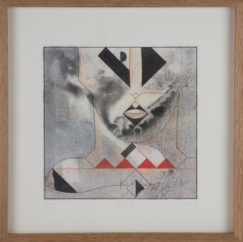 A painting of a woman 's face is framed in a wooden frame