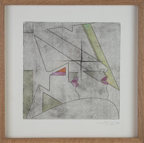 A painting in a wooden frame with a white background