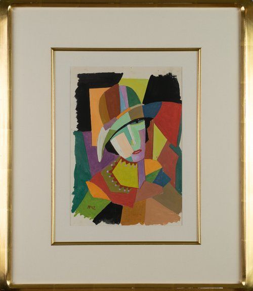 A framed painting of a woman 's face with a hat