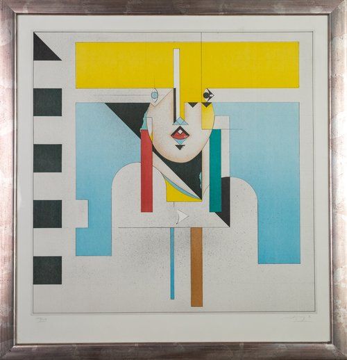 A painting of a woman 's face is framed in a silver frame