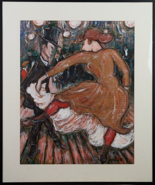 A framed painting of a man and woman dancing